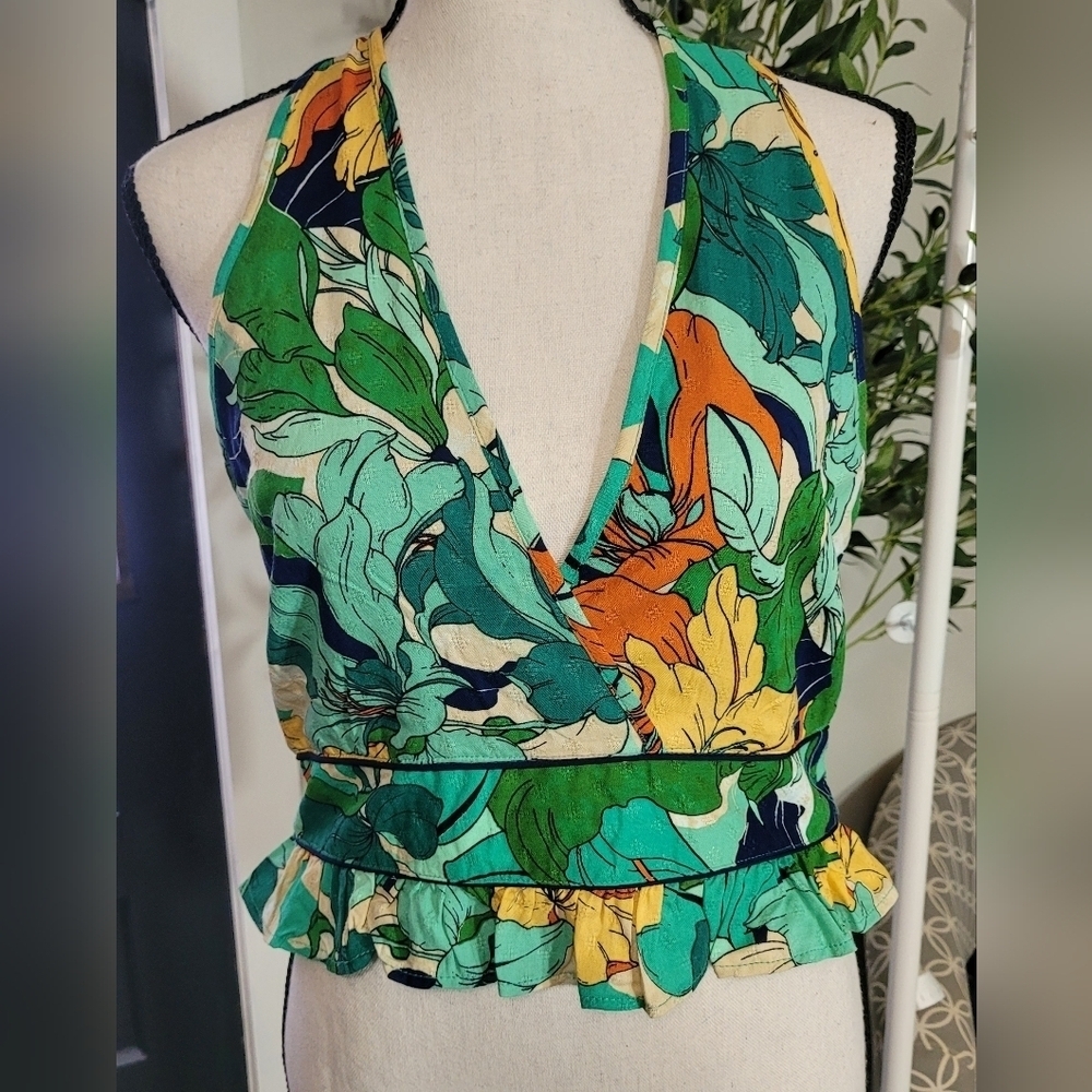 Band of the Free Tropical Floral Flowy Halter Top Boho - Picture 3 of 6